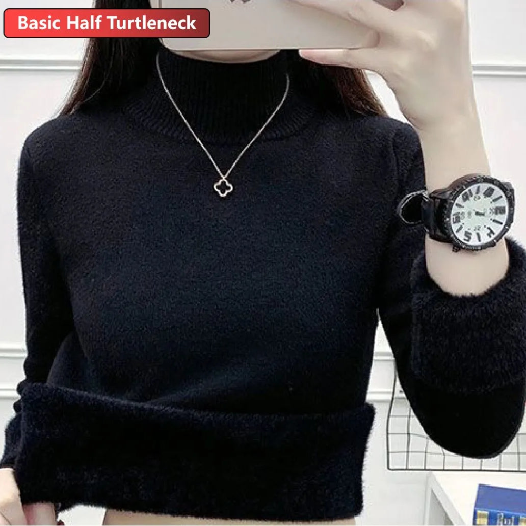 Turtleneck Winter Sweater Women Elegant Thicken Velvet Lined Warm Sueter Knitted Pullover Slim Tops Jersey Knitwear Jumper New HT black