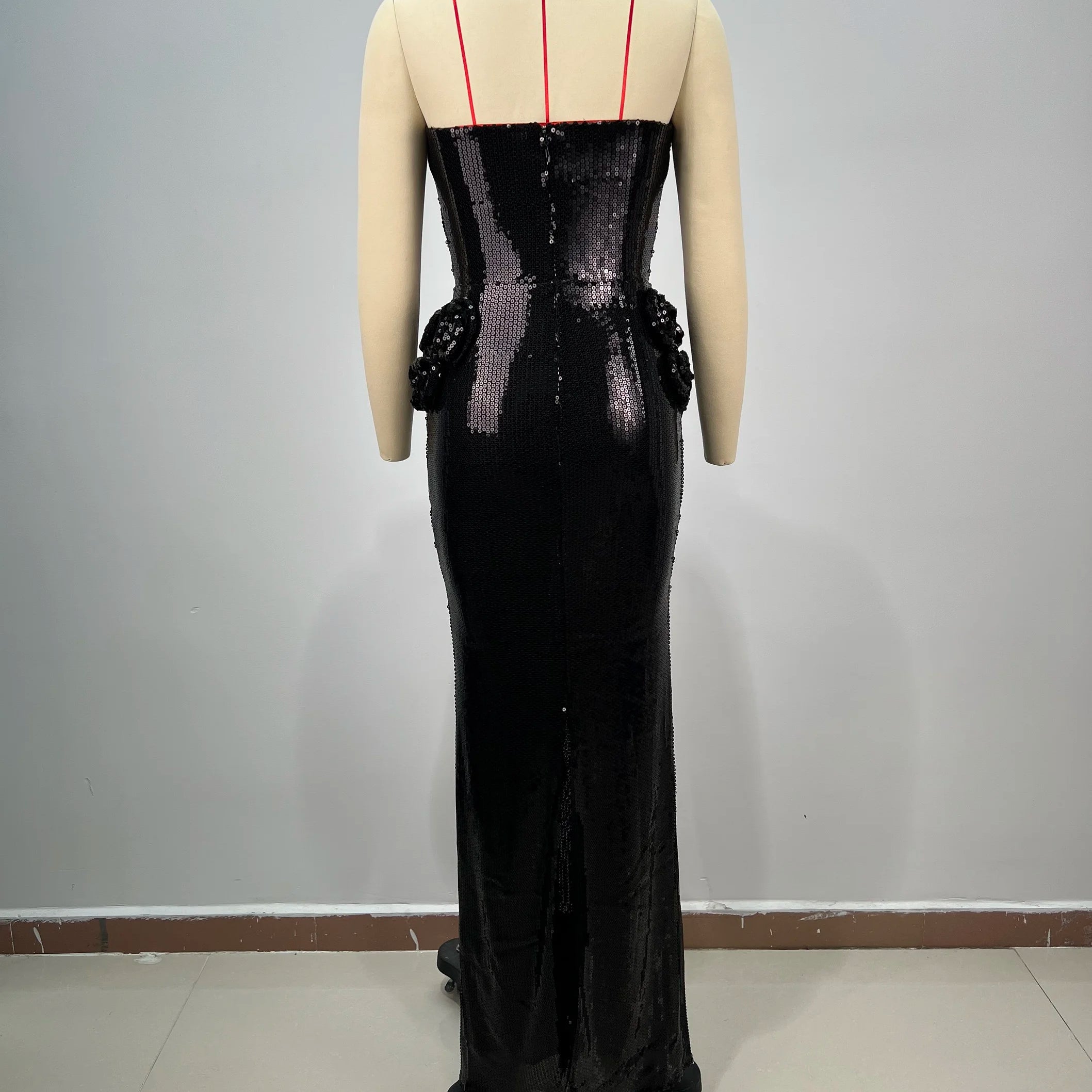 Luxury Haute Couture Sexy V-Neck Black Shining Sequins Floor Length Dress Woman Birthday Party Dress Red Carpet Goddess Vestido