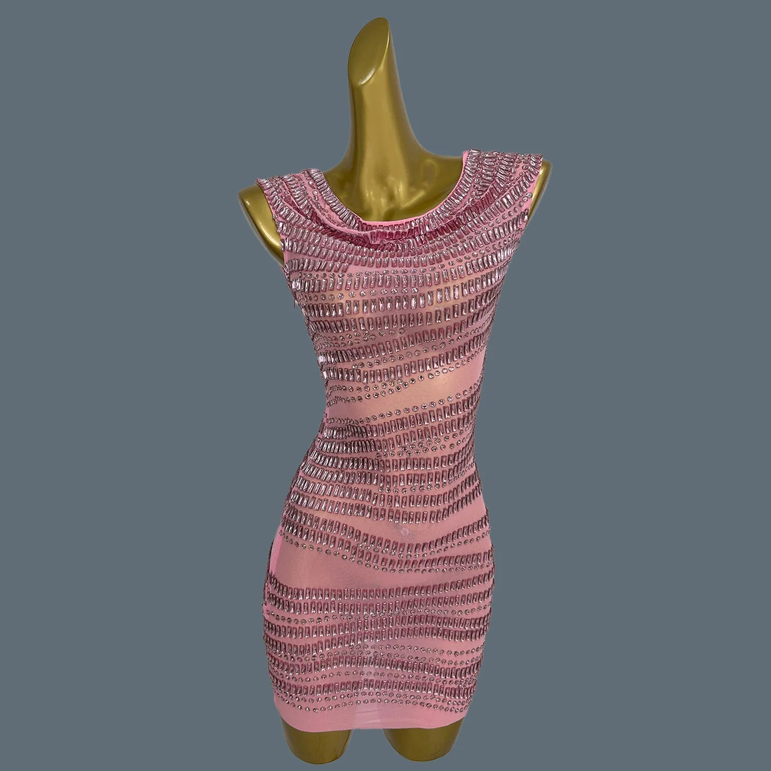 Women Sparkly Crystals Short Dress Sexy Mesh See Through Birthday Party Event Dress Show Stage Wear Performance Costume Yizijian