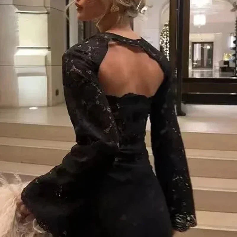 TRAF Lace Hollow Dresses Female Dresses Sumemr Mini Black Transparent Slim Lace Two Piece Set Dresses Coquette Prom Dress Luxury