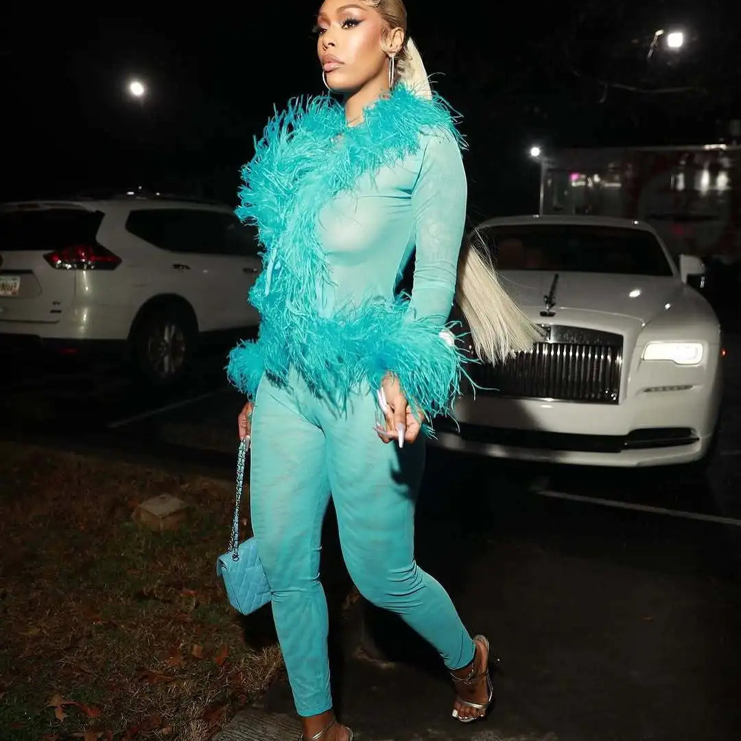 CM.YAYA Fashion Mesh See Though Women's Set Feather Side Long Sleeve Crop Top and Legging Pants 2025 Sexy Two 2Piece Sets Outfit