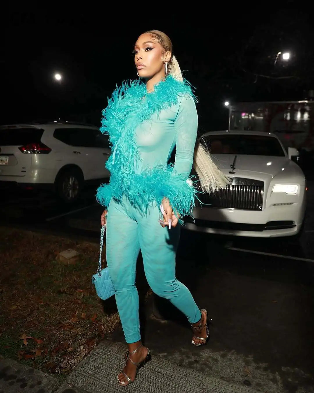 CM.YAYA Fashion Mesh See Though Women's Set Feather Side Long Sleeve Crop Top and Legging Pants 2025 Sexy Two 2Piece Sets Outfit