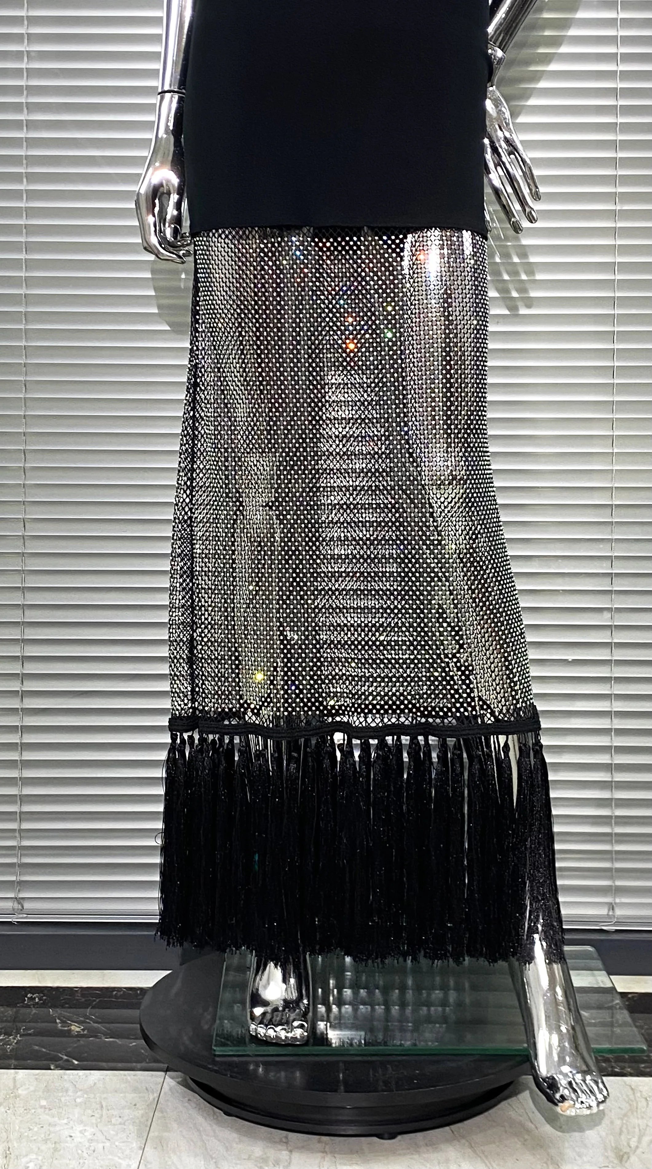 Shining Diamond See Through Mesh Tassels Black Bandage Ankle Length Dress Fashion Woman Party Dress Birthday Party Outfit