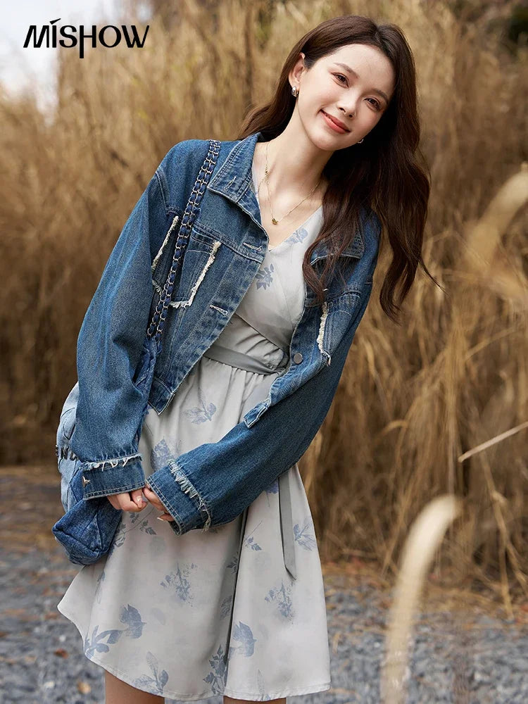 Women's Denim Coat with Raw Edge Autumn Korean Loose Pocket Embroidery Polo Neck Streetwear Casual Jacket