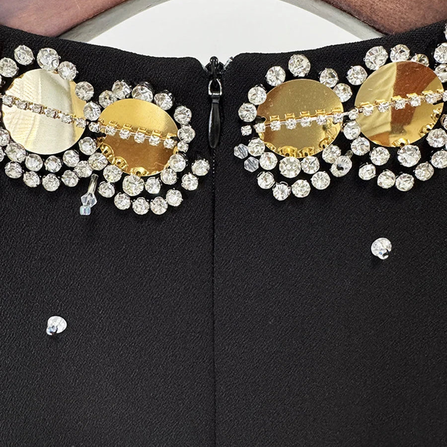 TWOTWINSTYLE Hit Color Spliced Bead Luxurious Dresses for Women Round Neck Long Sleeve Patchwork Wave Point Elegant Dress Female