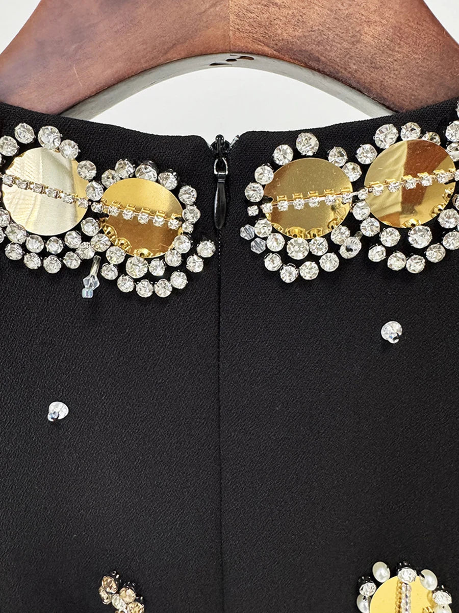 TWOTWINSTYLE Hit Color Spliced Bead Luxurious Dresses for Women Round Neck Long Sleeve Patchwork Wave Point Elegant Dress Female