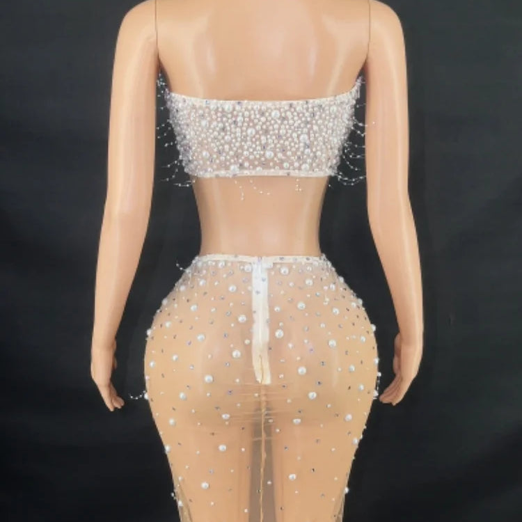 Fashion Women Sexy Off the Shoulder Pearl Beading 2 Pieces Bodycon Long Dress Mesh See Through Nightclub Party Celebrate Dress