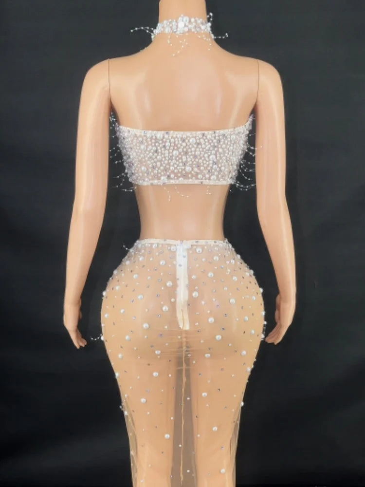 Fashion Women Sexy Off the Shoulder Pearl Beading 2 Pieces Bodycon Long Dress Mesh See Through Nightclub Party Celebrate Dress