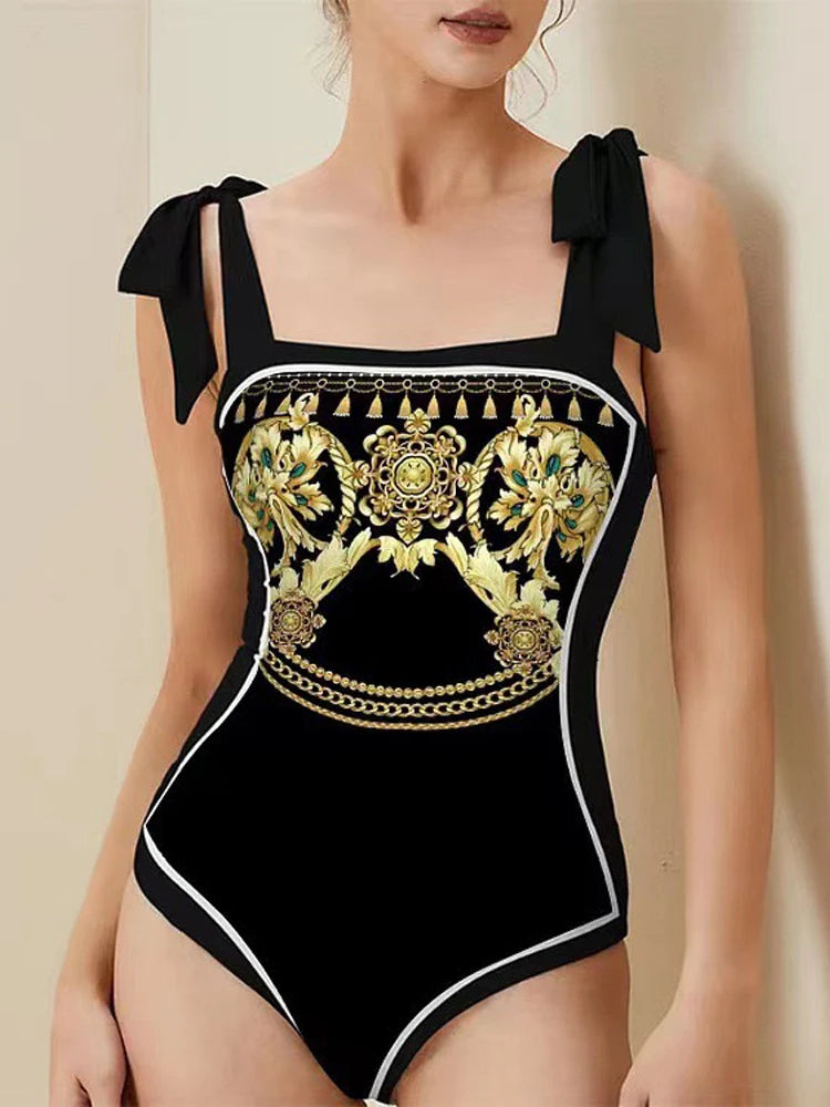 2024 New Fashion Double Sided Printed Lace Up One Piece Swimsuit Women 2023 Sexy High Waisted Lace Up Bikini Swimsuit Cover Up swimsuit CHINA