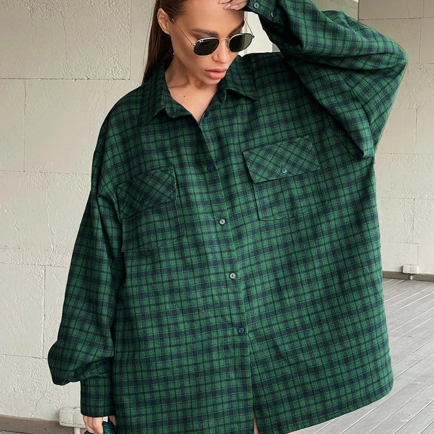 Bclout Casual Green Plaids Loose Blouses For Women 2022 Winter Vintage Long Sleeve Party Shirts Flannel Elegant Office Lady Tops Green