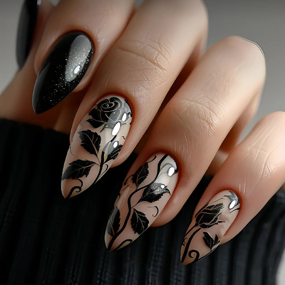 24pcs Wine Red Press on Nails Art Shiny Powder Leaves Pattern False Nails Tips Simple Almond Fake Nail Wearable Full Cover Nail