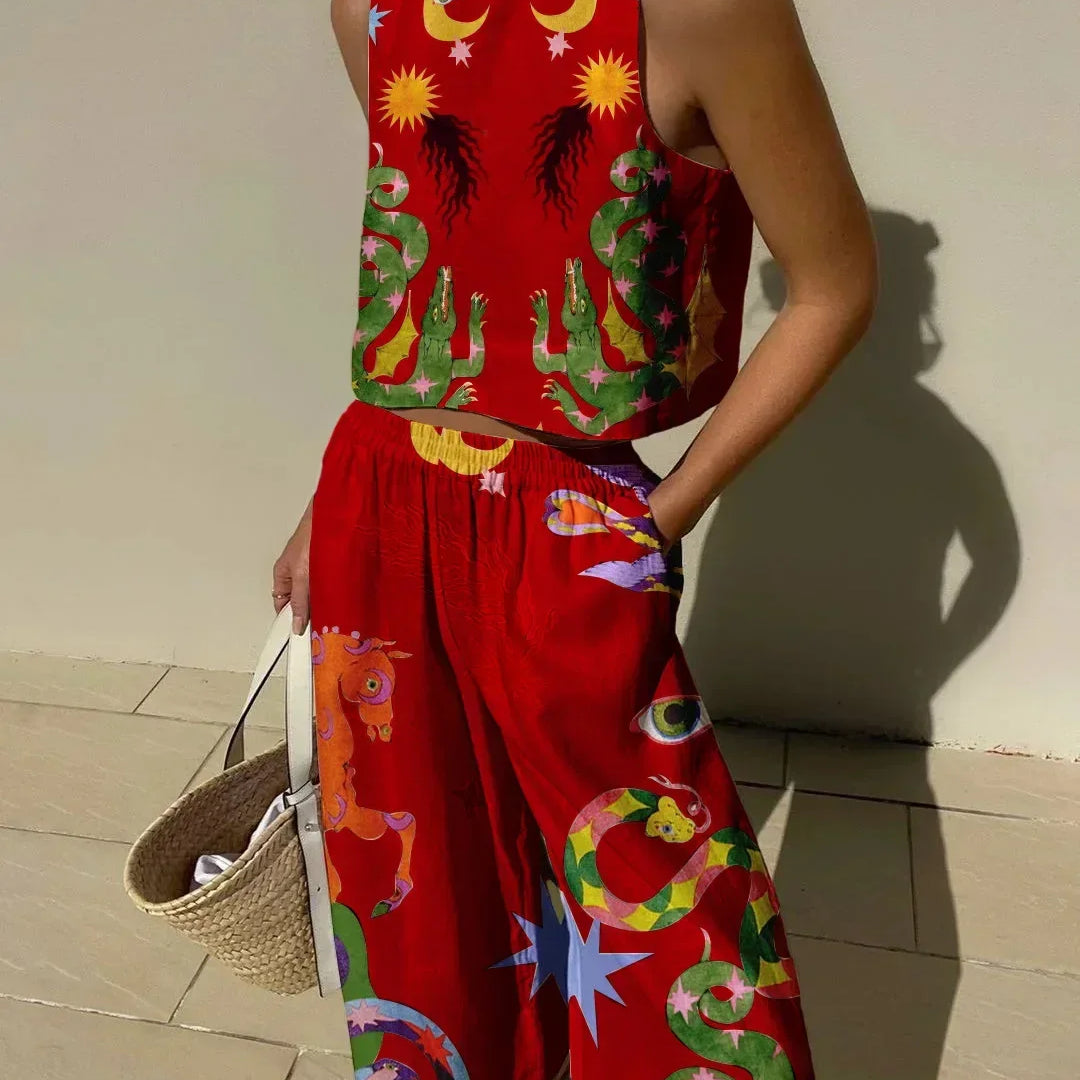 Casual Printed Pant Suits For Women Vintage Crew Neck Sleeveless Vest High Waist Loose Trouser Sets Female Beach Holiday Outfits Red