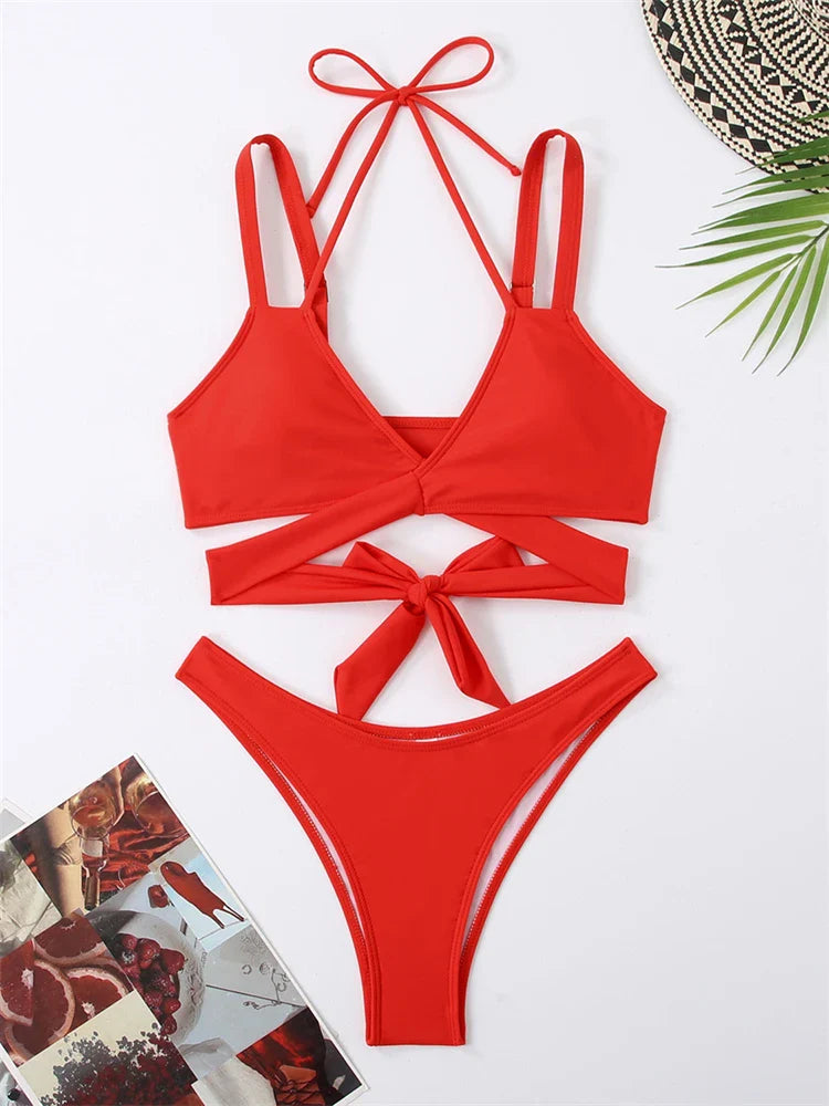 Bikini Women Swimsuit New Solid Sling Lace Up Bikinis Set Sexy Thong Swimwear Summer Two Piece Beach Bathing Suit Female Red