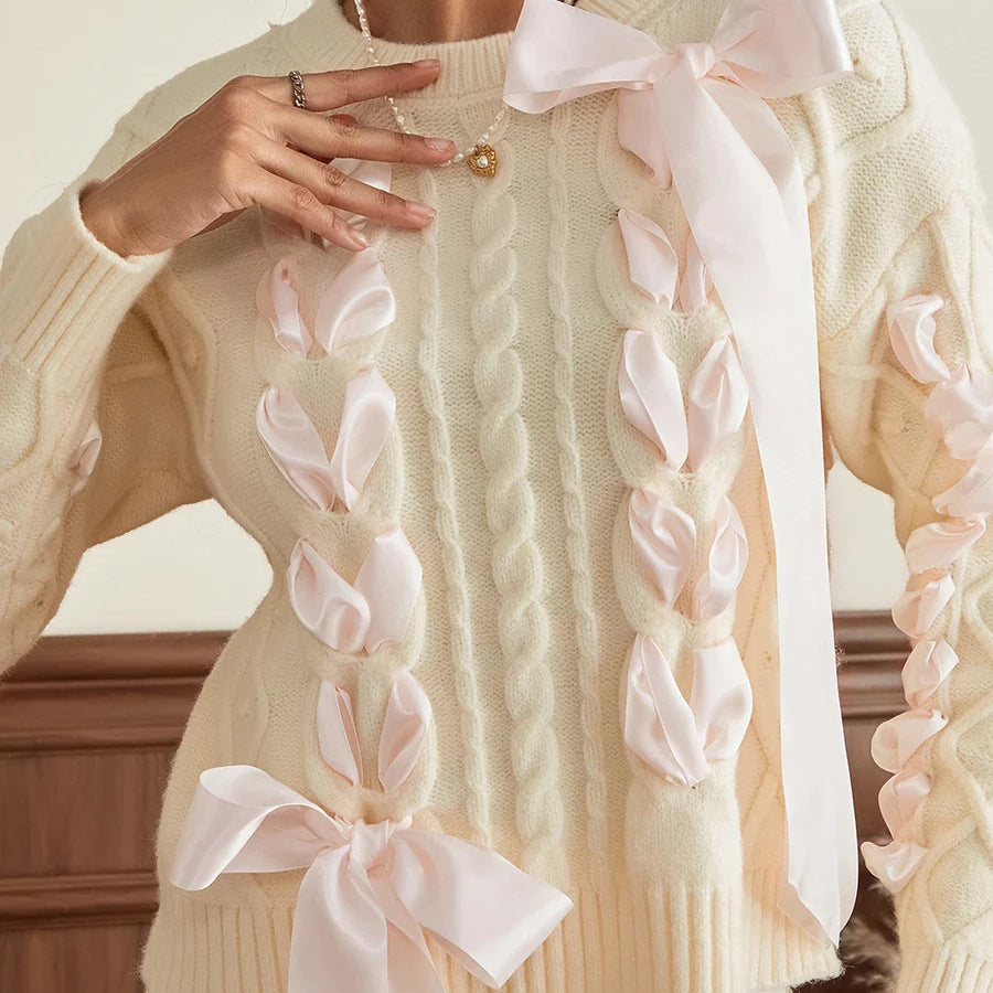 wsevypo Women's Ribbon Bowknot Knit Sweaters Cute Retro Long Sleeve Round Neck Cable Knit Pullover Tops for Fall Winter