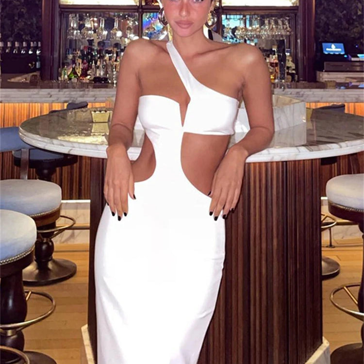 Kliou Off Shoulder Sexy Hollow Out Maxi Dress Women Concise Solid Sleeveless Body-shaping Vestido Female Evening Party Clothing WHITE