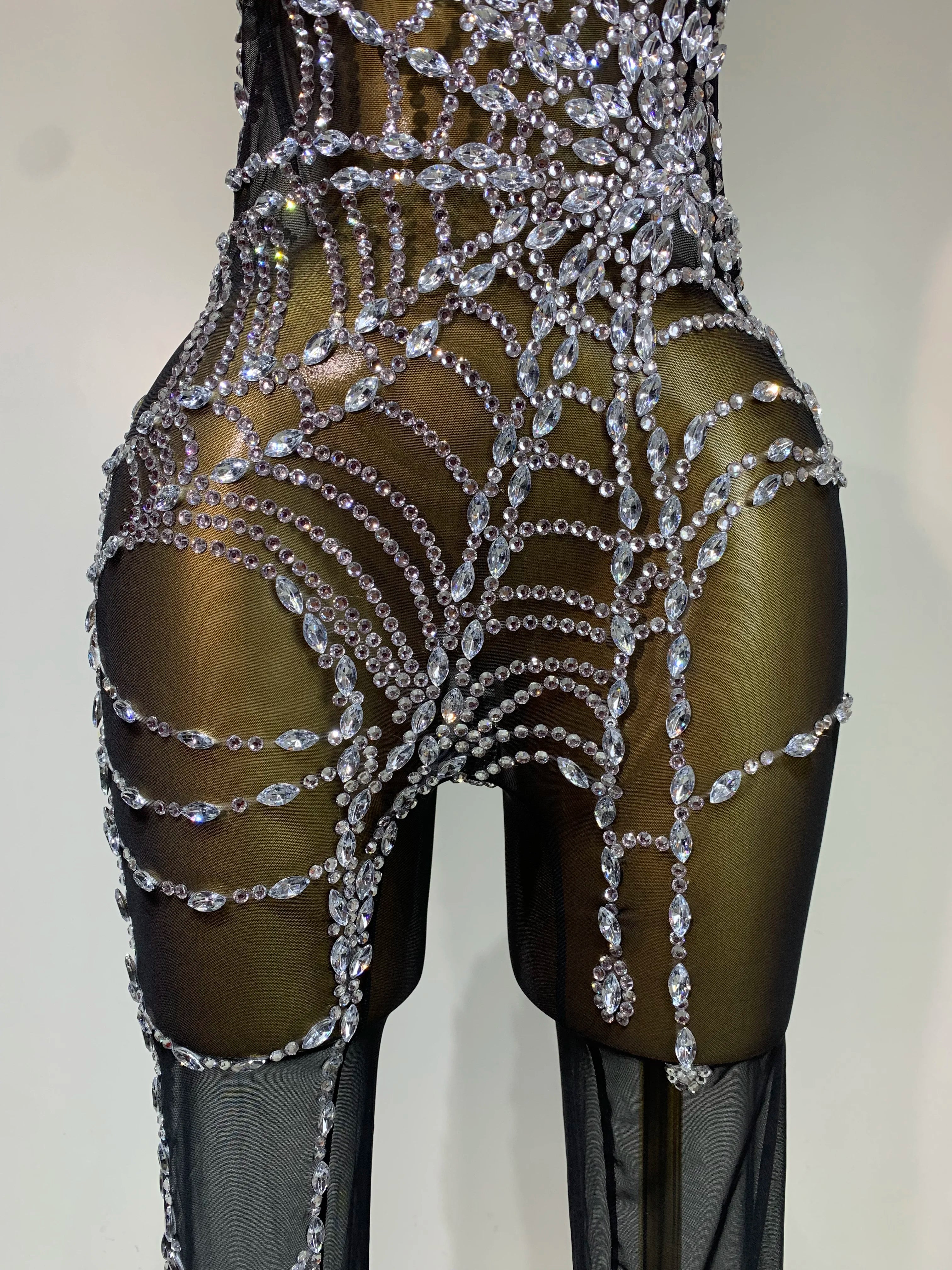 STOCK Sparkly Diamond Women Sexy Mesh Jumpsuit Nightclub Bar Party Show Gogo Dancer Clothing Drag Queen Outfit Stage Costume