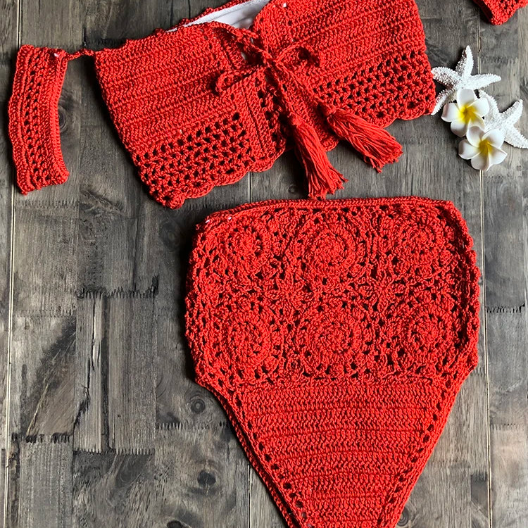 Crochet High Leg Bandeau Bikini Set Swimwear Female Two Pieces Swimsuit High Waist Bikini Women Bathing Suit Biquini 2019 New Rusty red