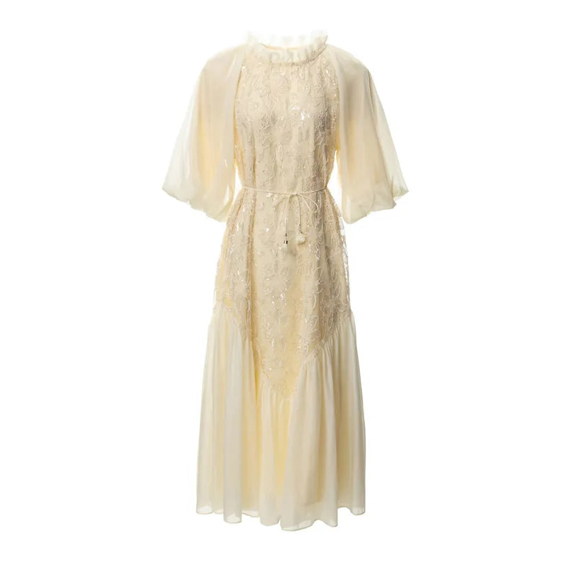 TWOTWISTYLE Solid Loose Spliced Embroidery Elegant Dresses for Women Round Neck Half Sleeves Patchwork Sequins Dress Female New