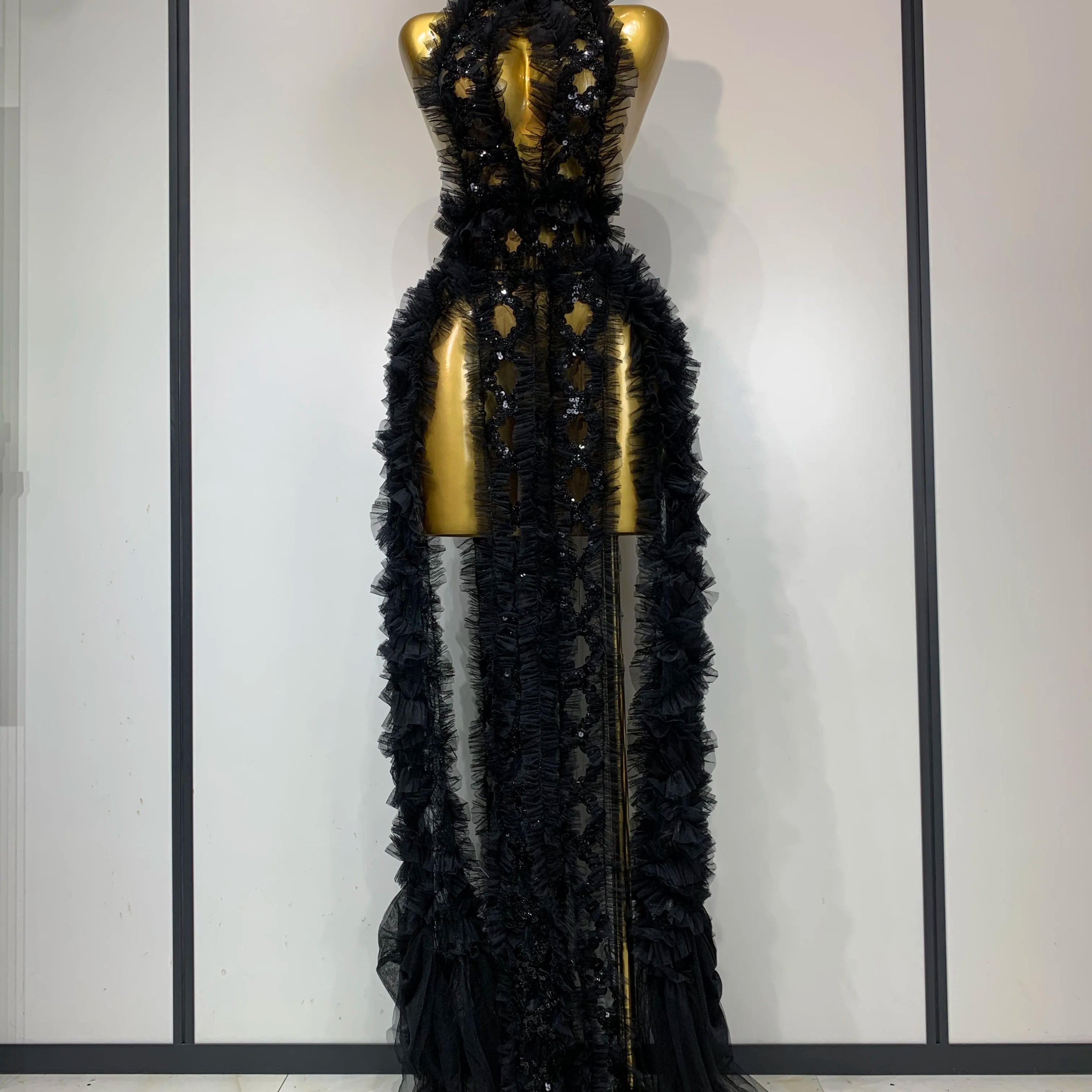Black Mesh Sequins Sexy  Halter See Through Dress 2025 Evening Party Prom Nightclub Singer Performance Costume Stage Wear