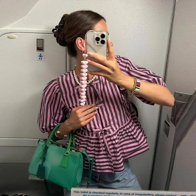 Elegant Striped Lace Up Women Shirts Chic Bow Puff Sleeve O-neck Hollow Out Female Blouses Spring Summer Casual Streetwear Purple