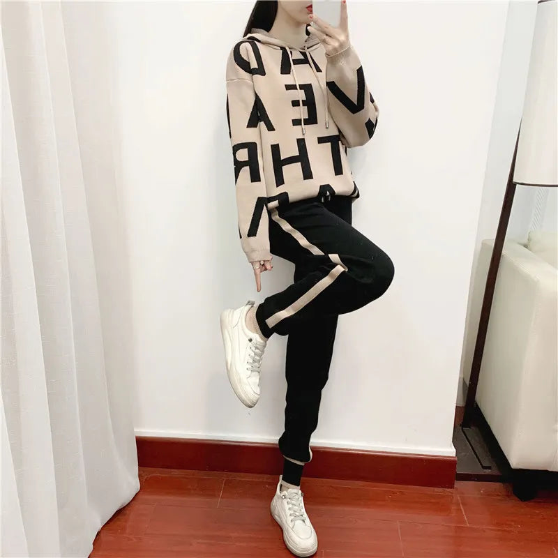 Fashion Autumn Women 2 Pieces Sets Casual Letter Print Patchwork Loose Knitted Sweater Sports Harlan Pants Suits Spring Khaki 2 One Size