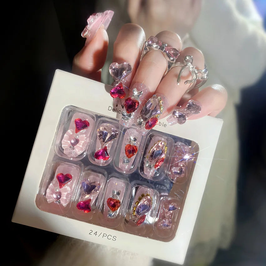 24pcs Love Crystal Decor Press on Nails Pink Bow Design Fake Nail Tips Bride Wedding Wearable Shiny Coffin Head Fake Nails