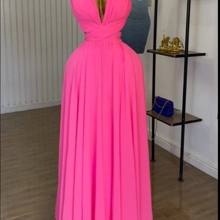 CM.YAYA Women Sleeveless Cutout Back Wrap V-neck Pleated A-line Chiffon Maxi Long Dress Birthday Vacation Sexy Party Dresses Rose Red