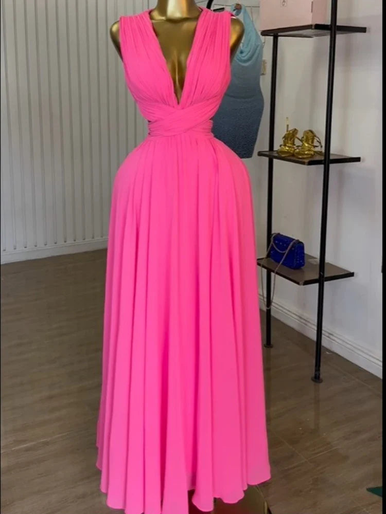 CM.YAYA Women Sleeveless Cutout Back Wrap V-neck Pleated A-line Chiffon Maxi Long Dress Birthday Vacation Sexy Party Dresses Rose Red