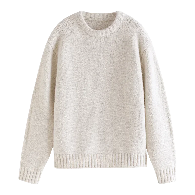 Warm Soft Waxy Round Neck Pullover Sweater for Women Winter All-match Loose Sweater Female Creamy-white
