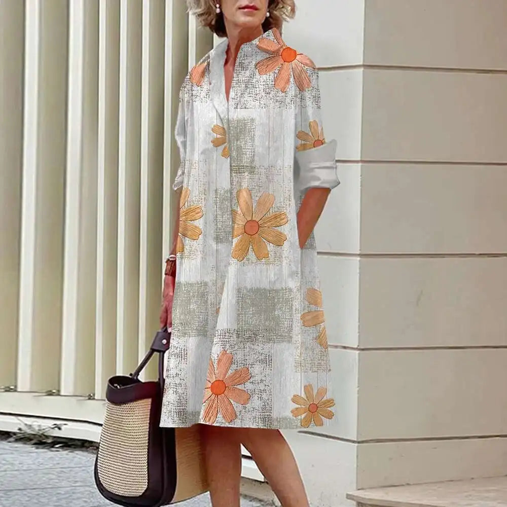 Vestidos de camisa elegantes femininos, moda outono, florais, manga comprida, soltos, linha A, vestidos femininos para escritório, vermelho, verde, lapela