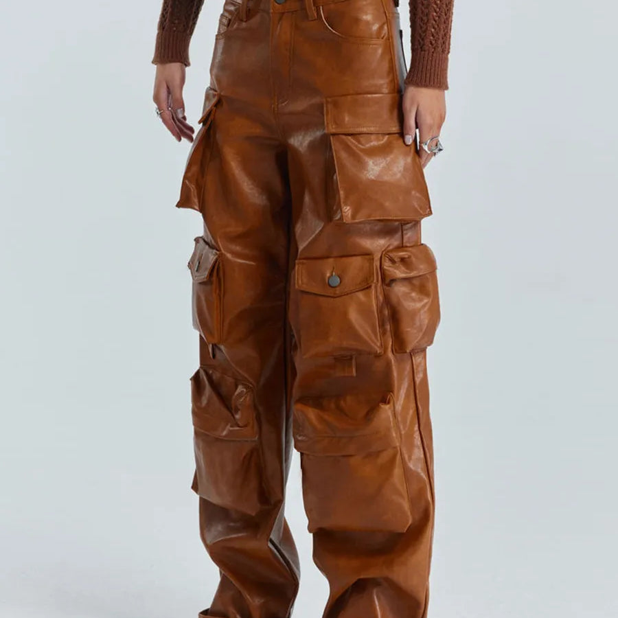 GetSpring Women Leather Pants Capris 2023 Autumn Multi Pockets High Waist Trousers Loose Casual All Match Long PU Cargo Pants