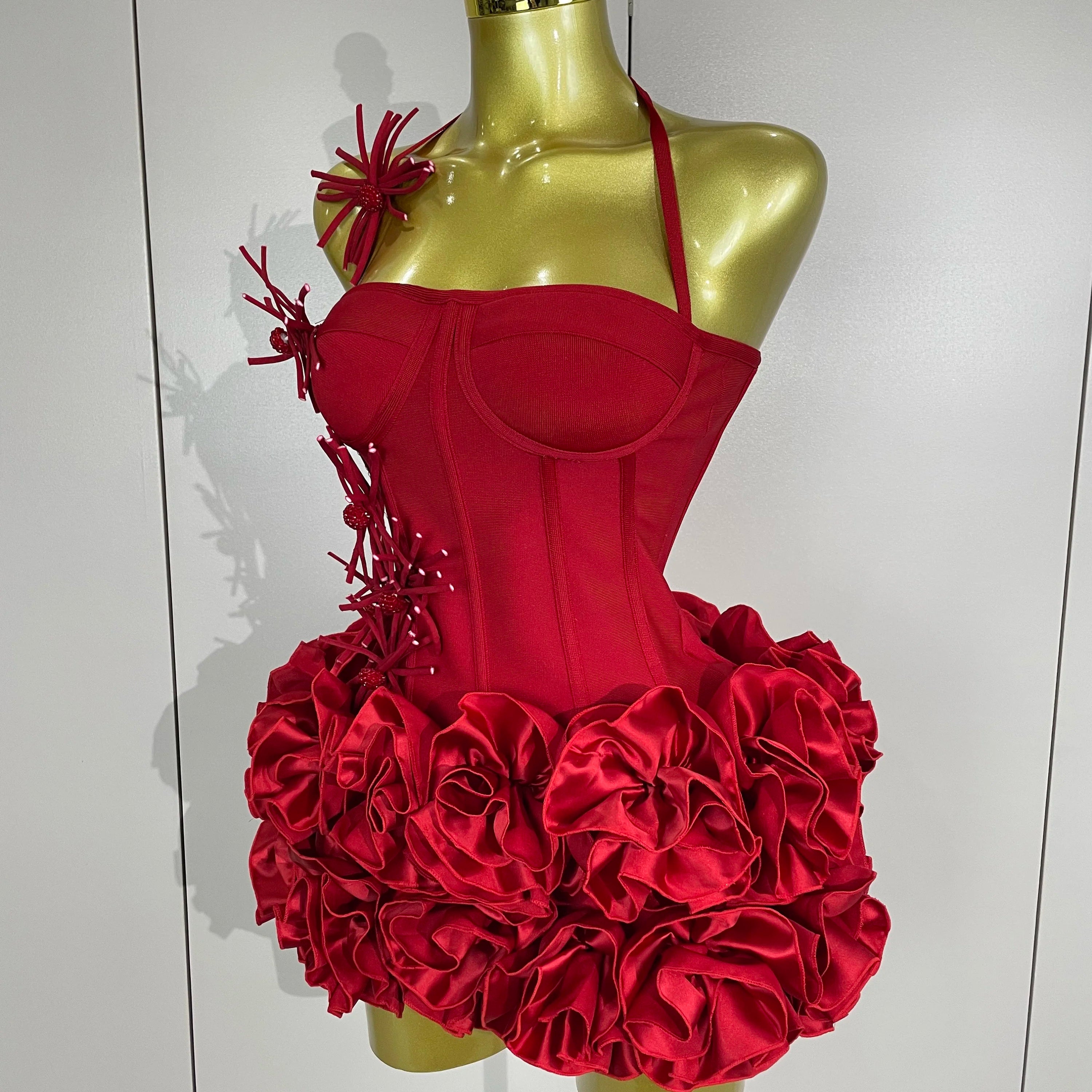 Women Sexy Halter Prom Gown Celebrity Club Two Piece Set Cocktail Elegant Fashion Luxury Birthday Party Red Black Bandage Outfit