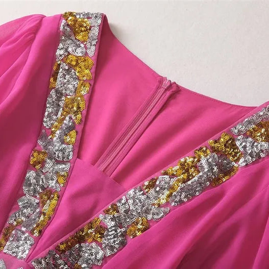 TWOTWINSTYLE Solid Sheer Spliced Sequin Dresses for Women Square Neck Half Sleeves Patchwork Folds Elegant Dress Female Clothing