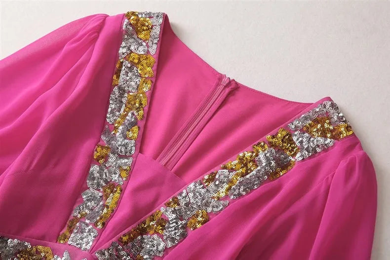 TWOTWINSTYLE Solid Sheer Spliced Sequin Dresses for Women Square Neck Half Sleeves Patchwork Folds Elegant Dress Female Clothing