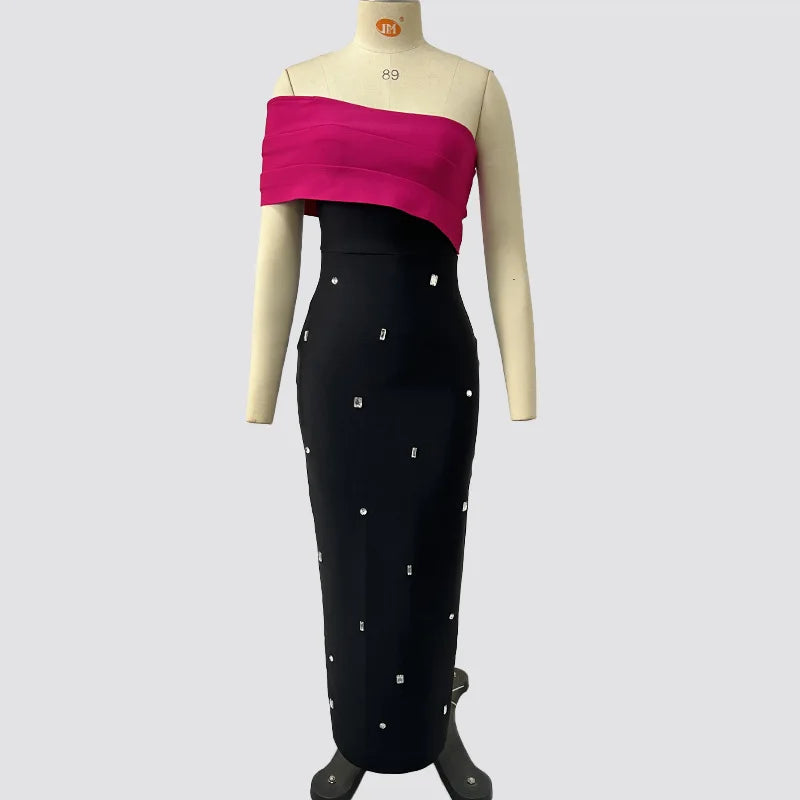 4 Colors Women Sexy One Shoulder Shinning Rhinestones Bodycon Long Bandage Dress Nightclub Party Celebrate Fashion Birthday Wear
