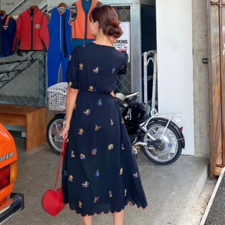 Women's Summer Vintage Long Embroidery Flower Chiffon Dress Hollow Out Waist Curvy V Neck Midi Sundress Korea Style