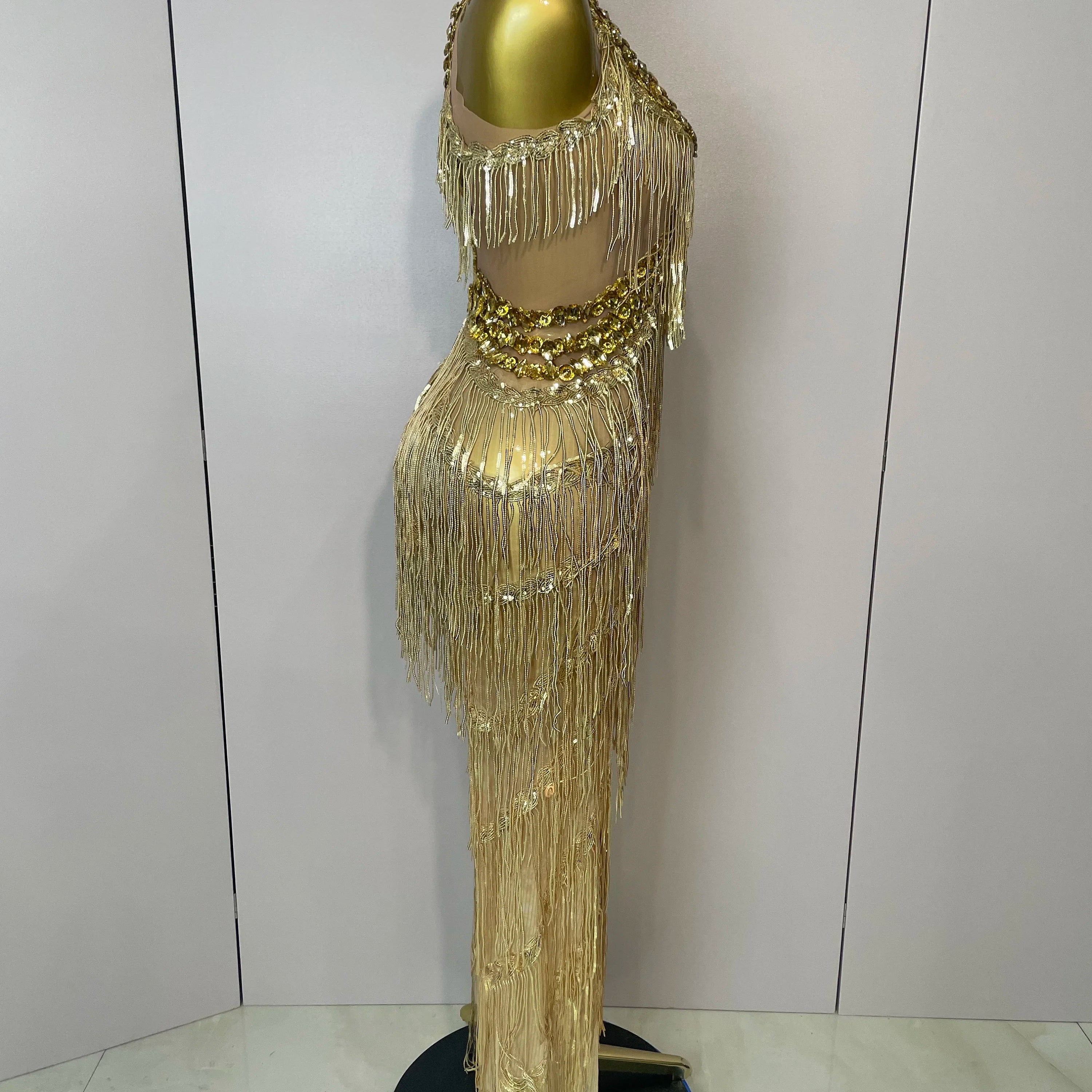 Shiny Gold Rhinestones Sequined Fringe Wide-leg jumpsuit 2025 Women Sexy Night Party Club Outfit Singer Stage Perform Costume