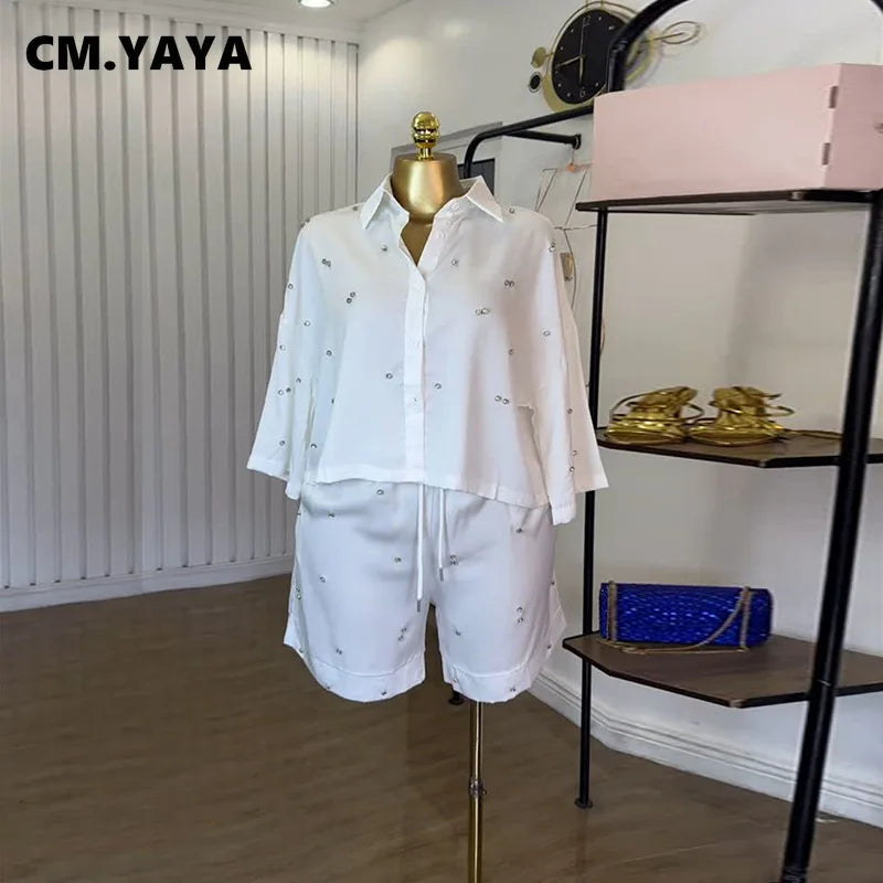 CM.YAYA Beading Women's Set Long Sleeve Shirt and Shorts Suit 2025 Summer OL Fashion Two 2 Piece Sets Outfit Tracksuit