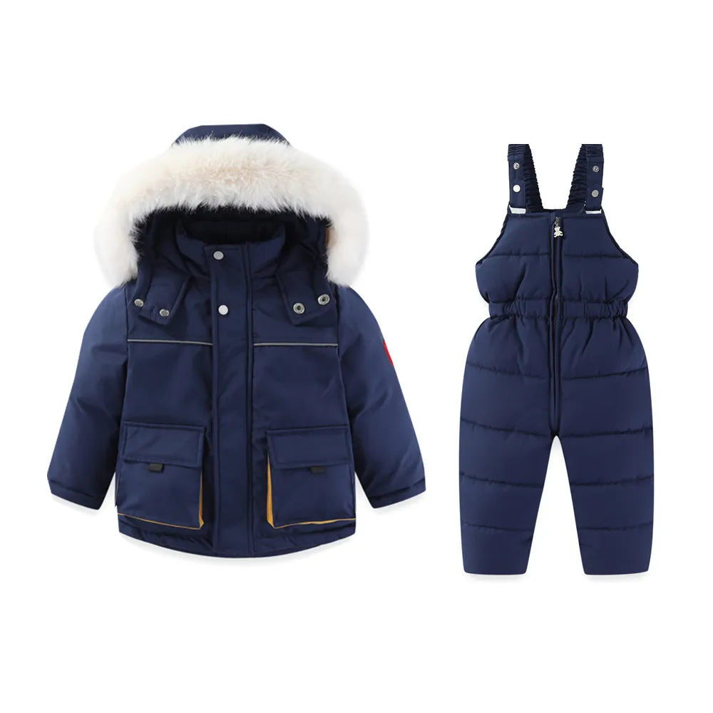 Children's Ski Wear 2 Piece Sets of Windproof Snow Jacket Pants -30C Thick Warm Cotton-padded Clothing Suit Dark blue