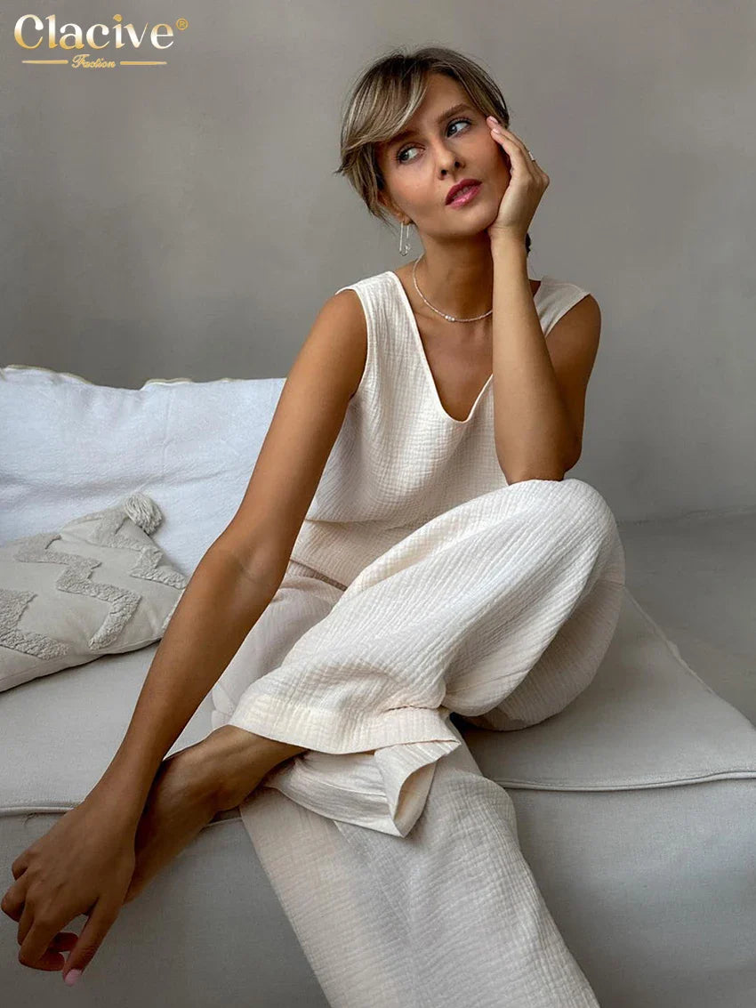 Clacive Casual Loose Beige Cotton 2 Piece Sets Women Outfit Fashion Sleeveless Tank Top With High Waist Wide Pants Set Homewear