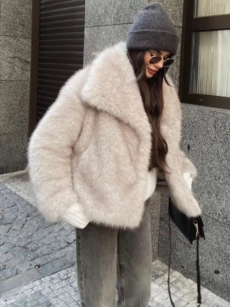 Women's Faux Fur Cropped Jacket Coat Autumn Winter New Lapel Long Sleeve Thick Warm Soft Jacket Female Chic Warm Outerwear