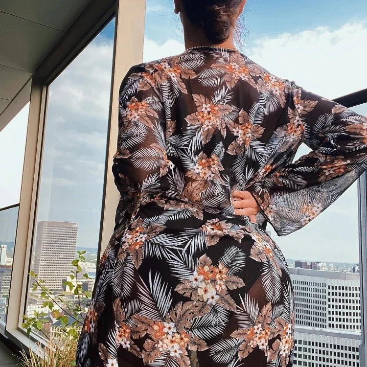 2024 New 3 Pieces Set High Waist Bikini Women Swimsuit&Kimono Bandeau Swimwear Sexy Cover Ups Floral Beachwear Bathing Suit