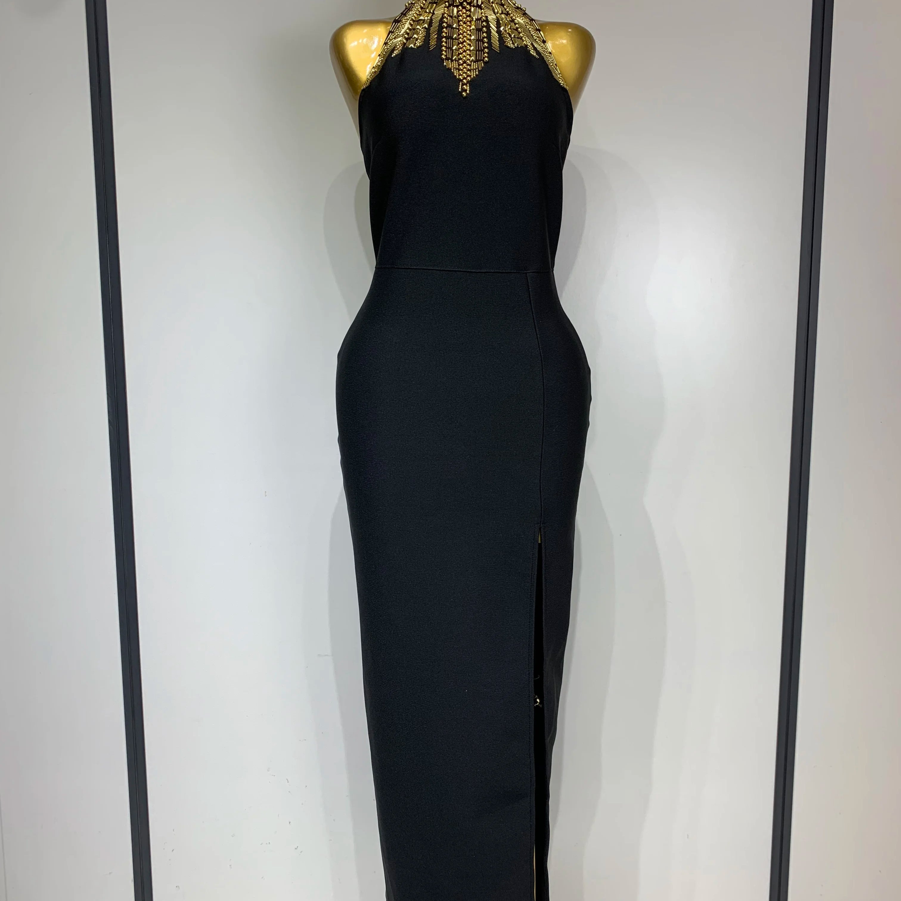Women Fashion Celebrity Sexy Backless Beading Midi Black Bodycon Bandage Dress 2025 Elegant Evening Club Luxury Birthday Dresses
