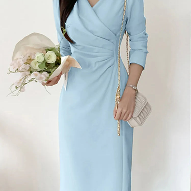 Fashion Bodycorn Dress Spring V-Neck Long Sleeve Sundress Solid Color Pleated Midi Robe Female Elegant Sexy Vestidos