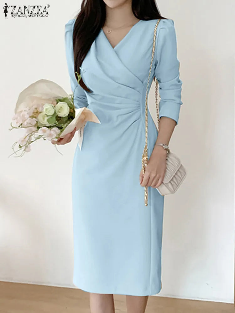 Fashion Bodycorn Dress Spring V-Neck Long Sleeve Sundress Solid Color Pleated Midi Robe Female Elegant Sexy Vestidos