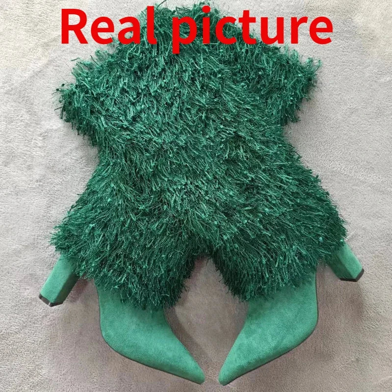 Winter High Heels Tassel Pants Boots for Women Sexy Pointed Toe Denim Knee High Boots Big Size Shoes 42 43 45