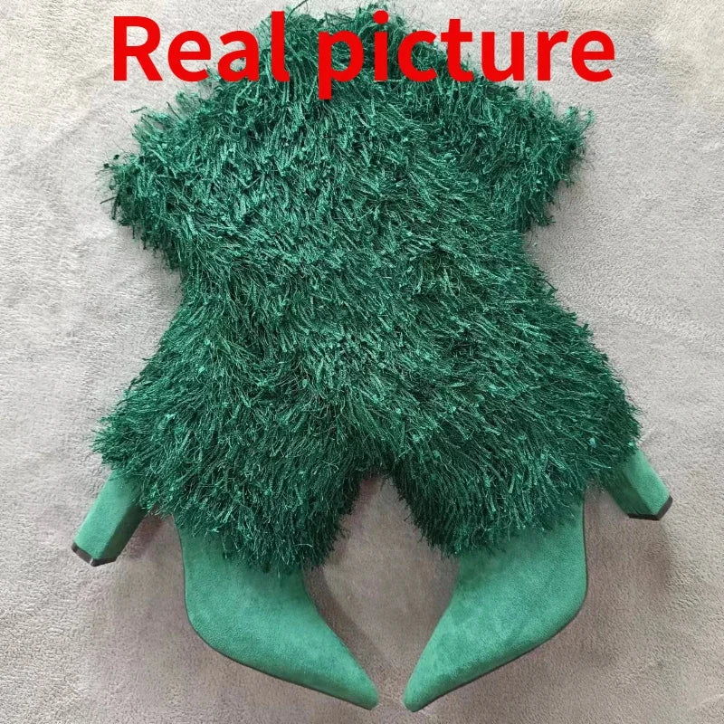 Winter High Heels Tassel Pants Boots for Women Sexy Pointed Toe Denim Knee High Boots Big Size Shoes 42 43 45