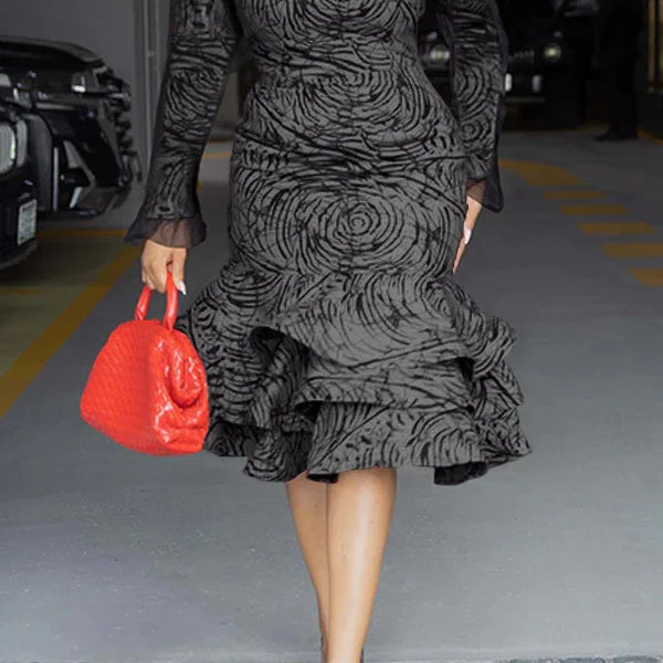 CM.YAYA Women Long Sleeve mesh O-neck mult Ruffles Bodycon Midi Dress 2025 Africa OL Work Evening Sexy Party Dresses Vestidos