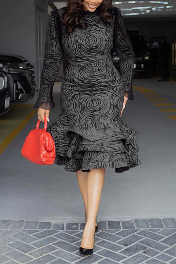 CM.YAYA Women Long Sleeve mesh O-neck mult Ruffles Bodycon Midi Dress 2025 Africa OL Work Evening Sexy Party Dresses Vestidos