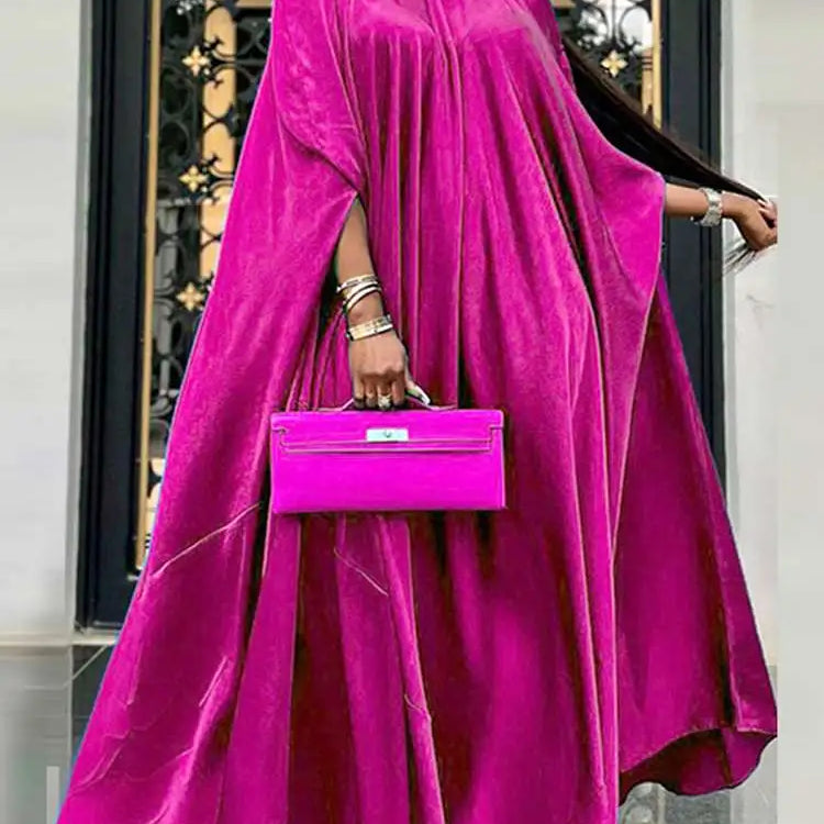 5XL Plus Size Women Dress Stand Collar Elegant Satin Dress Long Bat Sleeve Evening Pleated Maxi Sundress Casual Robe Rose